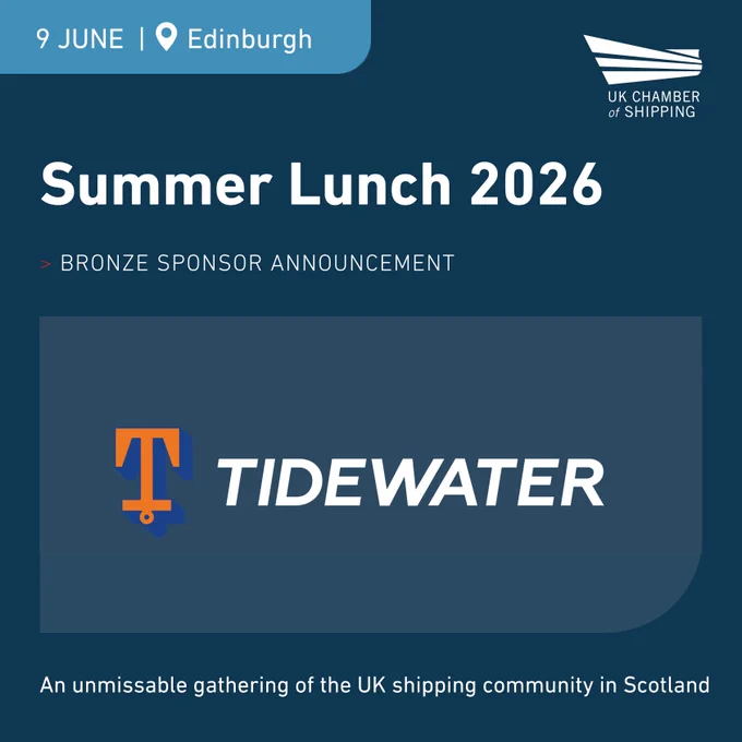 Announcement of Tidewater as bronze sponsor for UK Chamber of Shipping's Summer Lunch 2026 in Edinburgh on June 9.