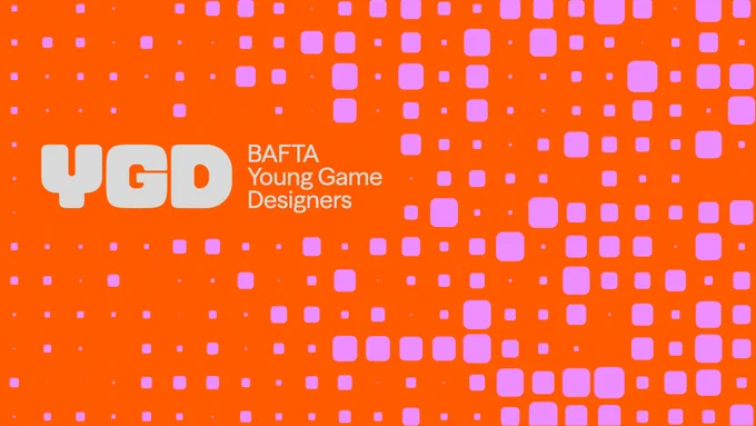 An orange graphic with pink squares that reads 'YGD, BAFTA Young Game Designers'