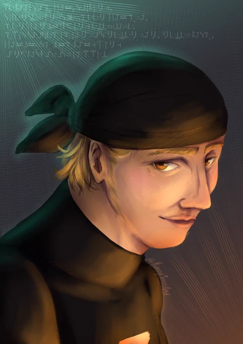 A digital drawing of Hypnotizd. He looks like he's in a ready attack stance. The background is dark, with a splash of coppery oranges and blue-greens. He is wearing his bandana with blond hair peeking out underneath. He's smiling challengingly. There is galactic standard text above him.