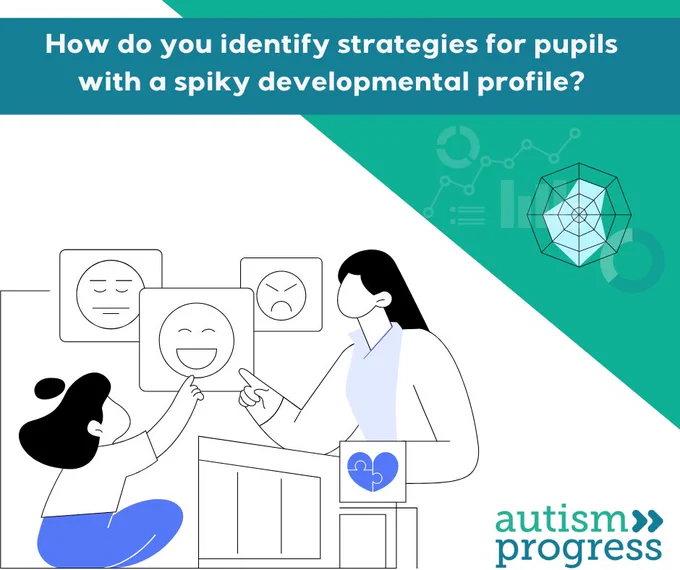 Teacher and child discussing emotions with smiley face icons, highlighting strategies for pupils with spiky developmental profiles.