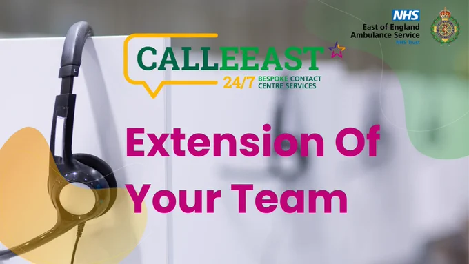 Headset hanging on a cubicle wall with text promoting CALLEAST 24/7 bespoke contact centre services as an extension of your team.