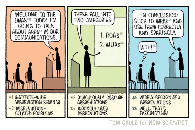 Panel 1
A figure addresses an audience from a lectern:
"Welcome to the IWAS*! Today I'm Going to talk about ARPs* in our communications."

Notes
*1 Institute-Wide Abbreviation seminar 
*2 Abbreviation-Related Problems

Panel 2
She continues "These fall into two categories:" gesturing to a screen wshich reads:
 1. ROAs* 
 2.WUAs* 
 
 Notes
 *3 Ridiculously Obscure Abbreviations 
 *4 Wrongly-Used Abbreviations 

 Panel 3
 She says:
 "...In conclusion: Stick to WRAs* and use them correctly and sparingly."
One of the audience thinks "WTF!"

  Notes
*5 widely-recognised Abbreviations
*6 Well, that's fascinating.
