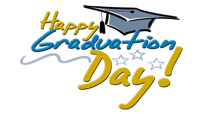 Happy Graduation Day written in gold and blue with a gray graduation cap and tassel over a white background.