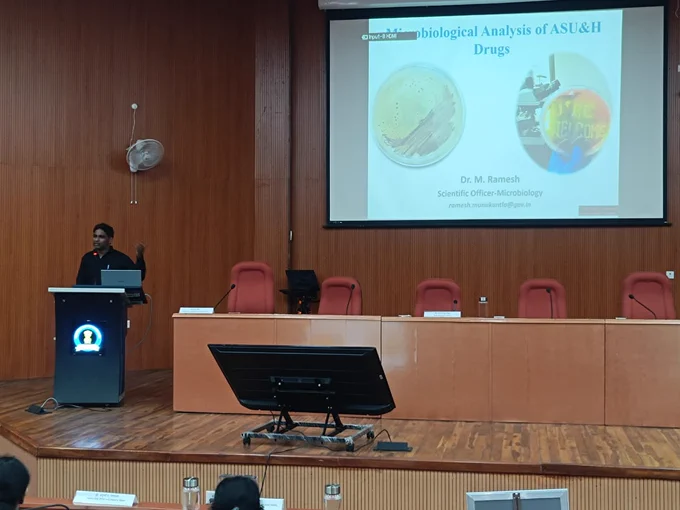 Technical Sessions
The day included the following lectures delivered by subject experts:

·  “Microbial analysis of ASU&H Drugs” by Dr. M. Ramesh, SO (Microbiology), PCIM&H.

· “Regulatory Framework of Homoeopathic Medicines in India” by Dr. Rachna Paliwal, Deputy Advisor, Ministry of AYUSH.

· “Regulatory Framework of ASU Medicines in India & Misleading Advertisements of Ayush drugs and practices” by Dr. Vijay Garg, ADC cum S.L.A, Govt. of NCT of Delhi.


Practical & Interactive Sessions

Following the lecture sessions, participants engaged in hands-on training in the Microbiology laboratories, with a focus on instrumentation techniques. This practical training provided them with valuable exposure to microbiological methods used in the standardization of ASU&H drugs.