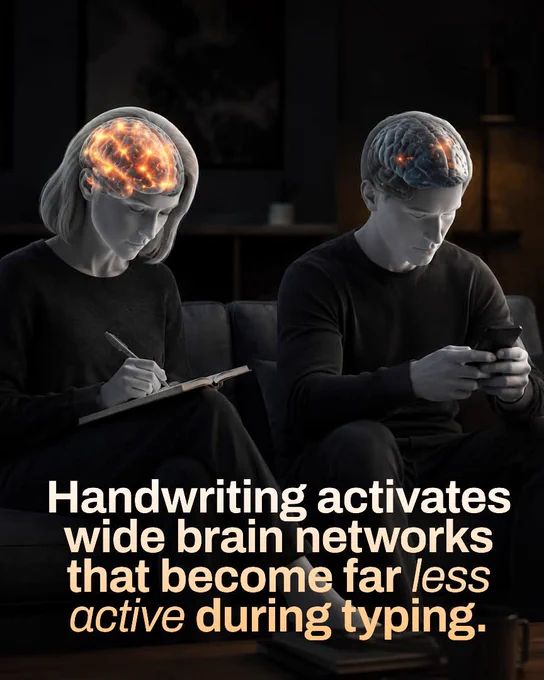 Writing by hand activates large brain regions linked to memory, learning, movement, language, and visual processing. 
Forming each letter requires unique, precise motions that strengthen neural connections and help the brain encode information more deeply. 
Typing uses repetitive key presses, reducing activity in many interconnected sensorimotor and memory-related networks compared to handwriting.

Source: Norwegian University of Science and Technology (NTNU)