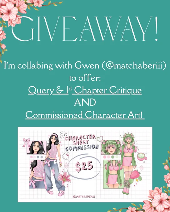 Gwen's character commission sheet showing $25 character profiles in a quirky, pastel style with spring colors and delicate shading