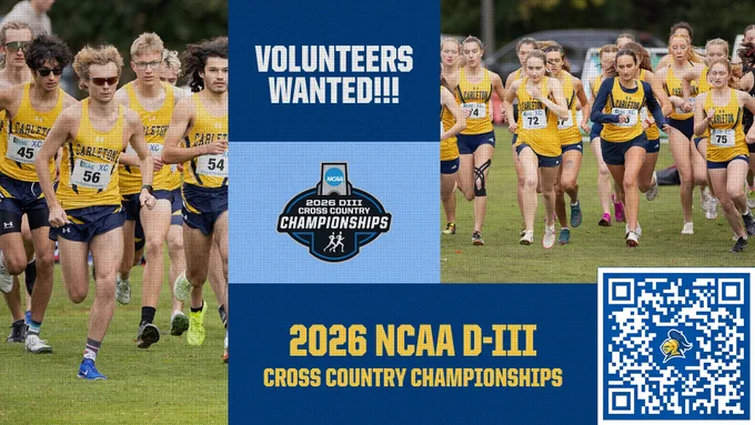 Carleton runners during a race. Text reads, "Volunteers wanted! 20206 NCAA D-III Cross Country Championships" and includes a QR code. 