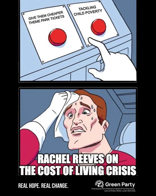A meme showing two button at the top. One reads Give them cheaper theme park tickets, the other tackling child poverty. A finger is ready to press one of the button but moving towards give them cheaper theme park tickets. Below is a cartoon man sweating with the text. Rachel Reeves on the cost of living crisis. 