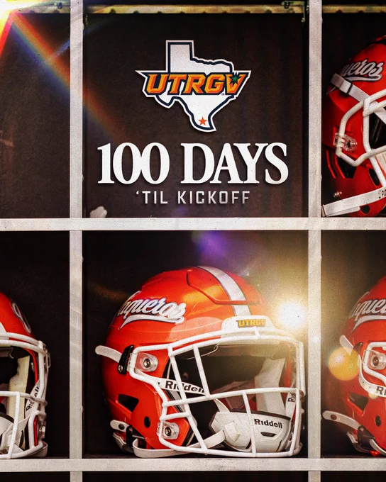A dramatic locker room graphic featuring bright orange football helmets inside metal cubbies. In the center, a sign with the outline of Texas and the UTRGV logo reads “100 DAYS ’TIL KICKOFF.” Sunlight and lens flares streak across the image, creating a cinematic effect.