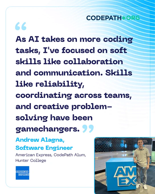 A person stands next to a table with the American Express logo. The image features a quote about the importance of soft skills in coding, such as collaboration and communication. The speaker attributes enhanced problem-solving to these skills and is identified as Andrew Alagna, a software engineer, American Express employee, CodePath alum, and Hunter College graduate. The CodePath logo is also visible.