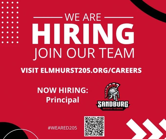 A bold recruitment ad for Sandburg Middle School's principal position. The design is vibrant with a focus on joining the team.