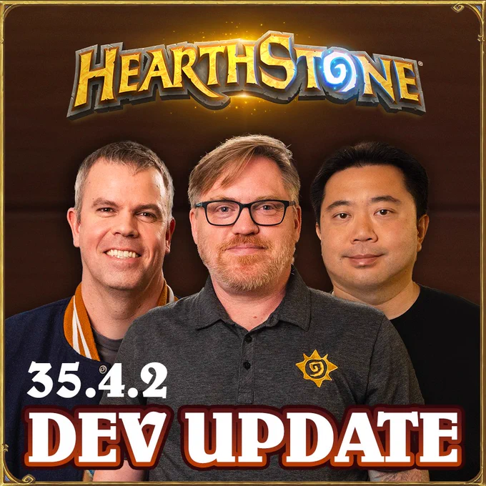 Hearthstone Dev Update graphic showing Nathan Lyons-Smith, Tyler Bielman, and Stephen Chang with text for patch 35.4.2 Dev Update.