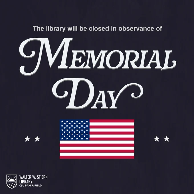 Image text says, "The library will be closed in observance of Memorial Day"