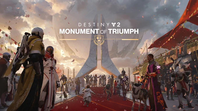 Destiny 2: Monument of Triumph artwork showing Guardians and civilians gathered on a red carpet in the Tower around a large monument beneath the Traveler, with banners and confetti framing the scene.