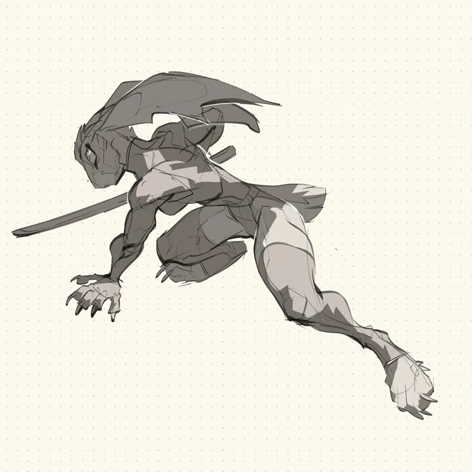 A digital sketch of a female lagomorph (rabbit/hare) in anthropomorphic / kemono / furry style. The character is crouching forwards, holding a Japanese-style katana sword and wearing a leotard and thigh-highs. Drawn by Reagan Lodge ( https://reaganlodge.neocities.org )
