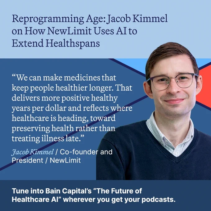 An image of and quote from Jacob Kimmel of NewLimit in discussion with Bain Capital.