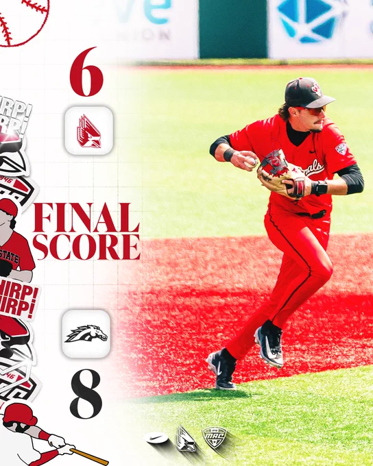 Final Score graphic for Ball State baseball featuring Brett Griffiths in a red uniform fielding a ball
Text:
6
Final Score
8