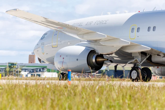 Side view of E-7 Wedgetail on the runway at RAF Lossiemouth.