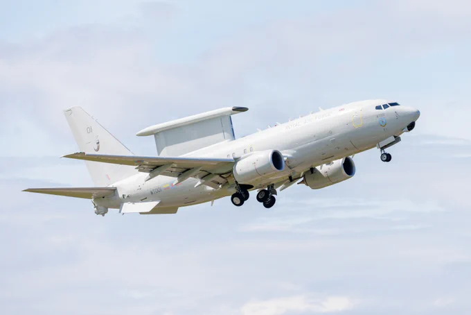 E-7 Wedgetail mid-flight above RAF Lossiemouth.