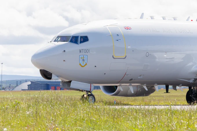 Side view of E-7 Wedgetail on the runway at RAF Lossiemouth.