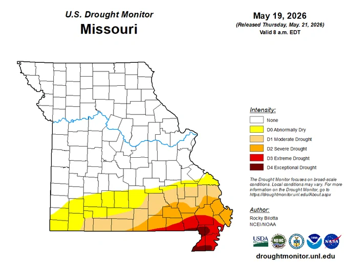Map of Missouri showing drought conditions on May 19, 2026, with severe to exceptional drought in the southeast and moderate to abnormally dry areas nearby.