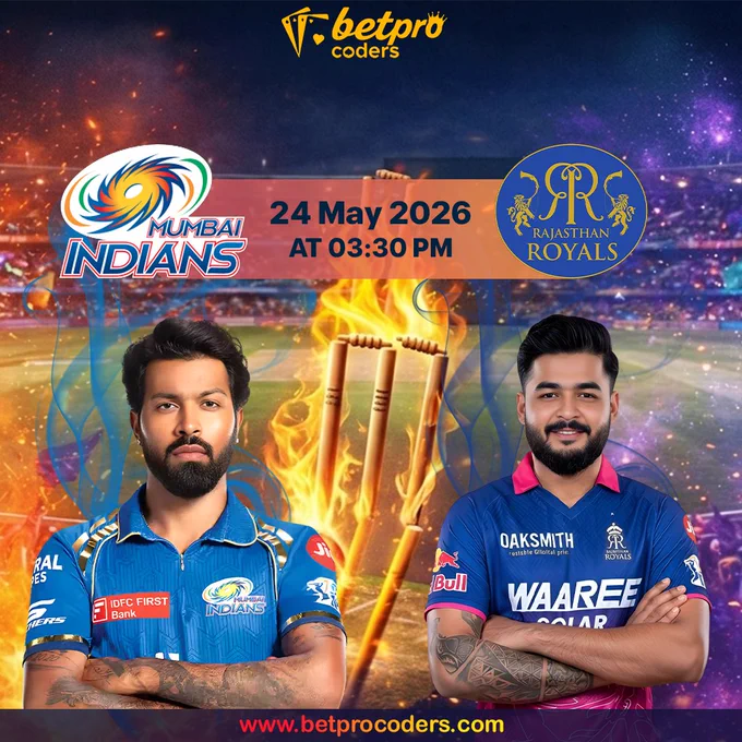 IPL 2026 match poster featuring Mumbai Indians vs Rajasthan Royals scheduled at 3:30 PM on Sunday, showcasing team logos, players, and fiery cricket stadium background indicating high-pressure knockout-style encounter.