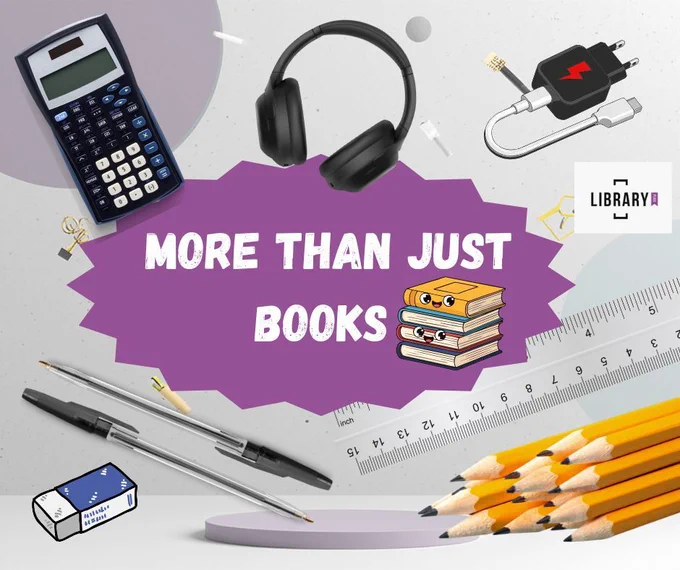 Images of a calculator, headphones, phone charger and stationery items. The text is "More than just books"