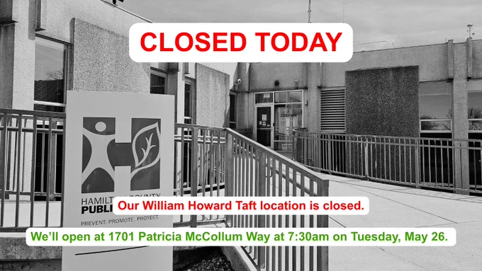 A black and white exterior view of our William Howard Taft location with overlaid text announcing the closure dates while we relocate.