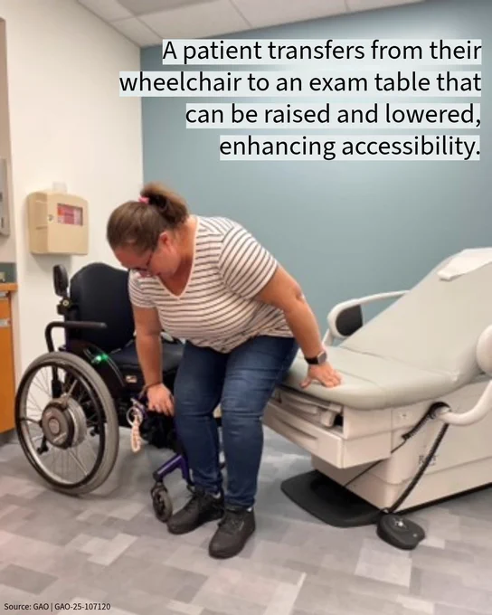 A patients transfer from a wheelchair to an exam table that can be raised and lowered, enhancing accessibility.