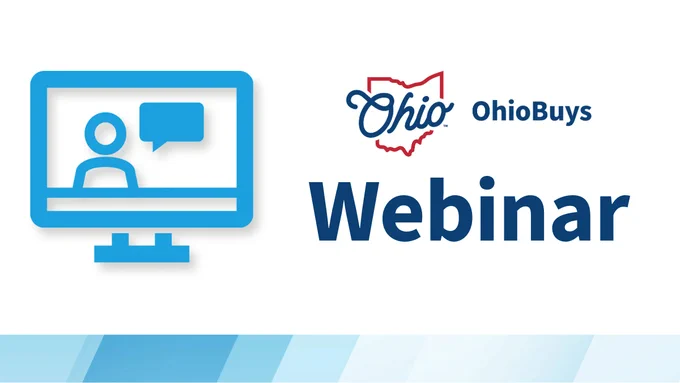 Blue icon of a person speaking on a computer screen next to OhioBuys logo and the word Webinar.
