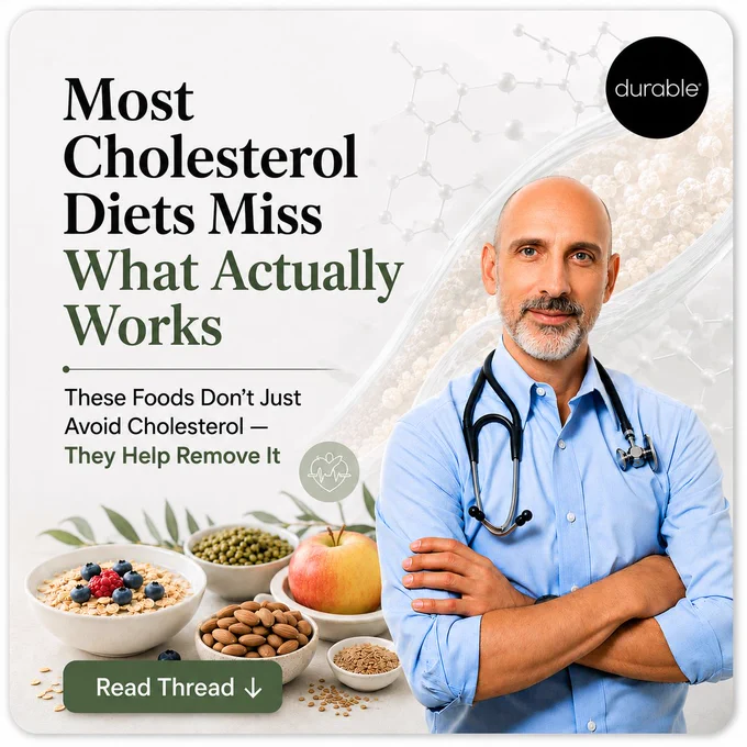 “Doctor standing beside heart-healthy foods with text about cholesterol diets and a ‘Read Thread’ call-to-action.