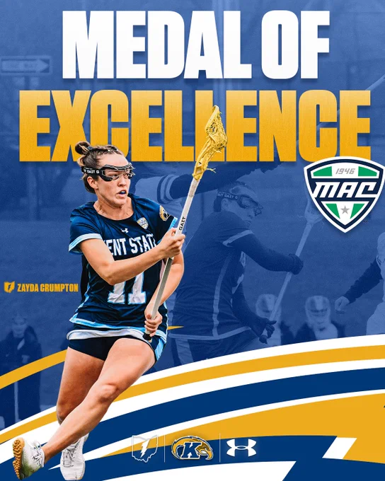 Lacrosse player in a Kent State uniform running with a lacrosse stick. The background features a large "Medal of Excellence" text, the Mid-American Conference (MAC) logo, and dynamic design elements. The name "Zayda Crumpton" appears on the side. Kent State and Under Armour logos are also visible.