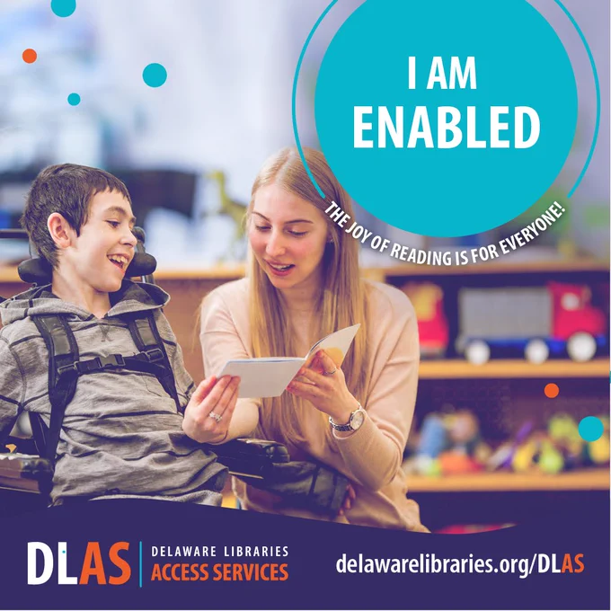 A woman reads a book aloud to a boy in a wheelchair, promoting inclusive reading through Delaware Libraries Access Services.