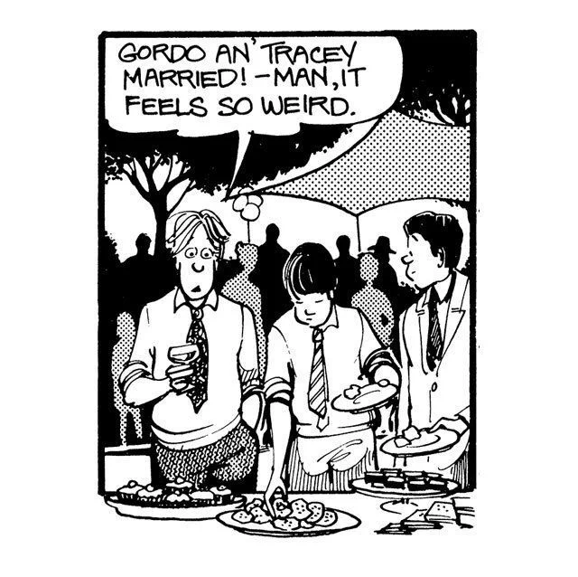Michael, Lawrence, and Brian stand around at Gordon and Tracey's wedding talking about how weird it feels.