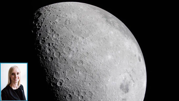 Close-up view of the Moon showing a multitude of craters dotting the lunar surface. In the lower left corner, an inset portrait of Dr. Ryan Watkins