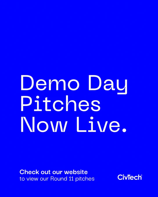 Blue background with white text reading: "Demo Day Pitches Now Live. Check out our website to view our Round 11 pitches"