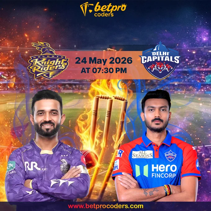 IPL 2026 Sunday cricket match graphic showing KKR versus DC with dramatic stadium background, fire effects, match timing and BetProCoders live cricket API branding.