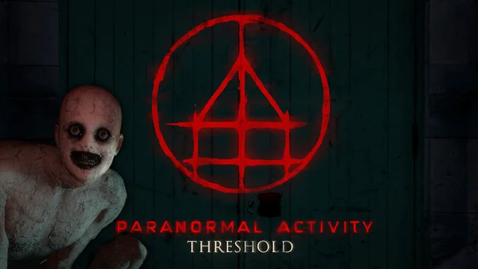 A circular red logo with a simple line drawn house inside - the whole image looking like it might have been drawn in blood. Below is the title Paranormal Activity Threshold. And overlaid is the image of a seemingly naked man with a scary pale bald head and black ringed eyes and mouth.