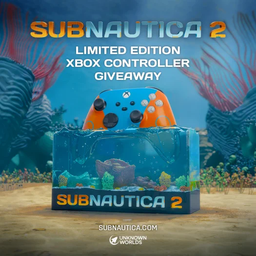 An image of the Grand Prize, featuring the Subnautica 2 Controller and Subnautica 2 controller stand. Text on the image reads "Subnautica 2, Limited Edition XBOX Controller Giveaway"