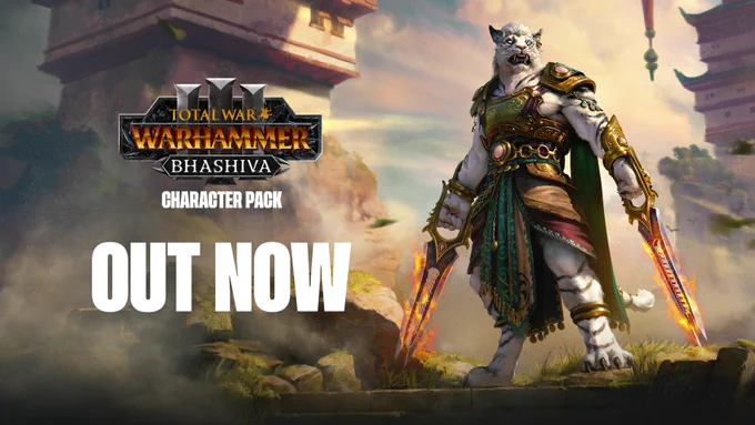 Image of Bhashiva from the Total War Warhammer 3 Bhashiva Character Pack, a fearsome white tiger character in Cathayan-style armor with two flaming blades in each hand, standing in front of some Grand Cathay buildings. The Total War Warhammer 3 logo is next to her accompanied by text that reads Bhashiva Character Pack Out Now.