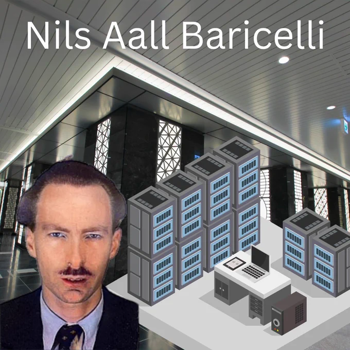 Colorized portrait of mathematician Nils Aall Baricelli composited into a modern data center setting surrounded by server racks, with his name displayed in white text at the top.