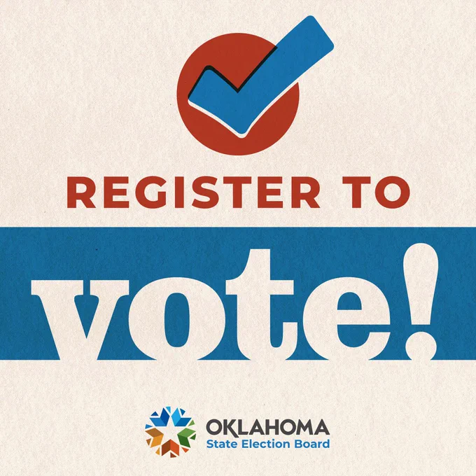 Image of a circle with a check mark in the middle - followed by the text "Register to Vote" - followed by the Oklahoma State Election Board logo