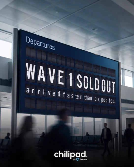 An airport departure board displays 'Wave 1 Sold Out' with the tagline 'arrived faster than expected,' conveying a sense of urgency and success.