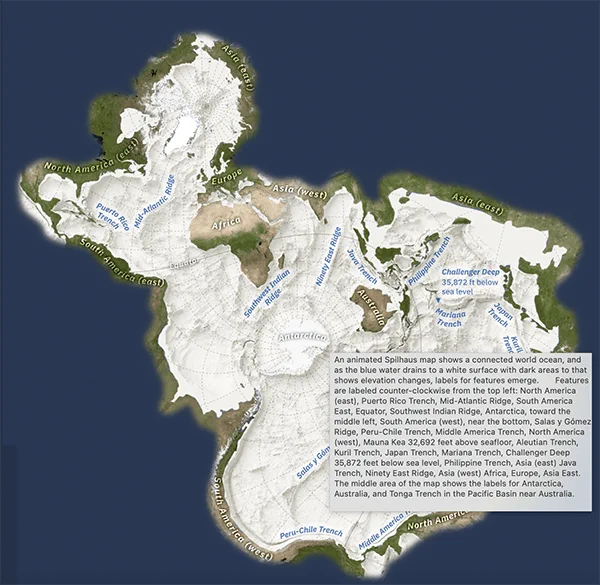 A screengrab showing alt text describing a complex Spilhaus map from a story made with ArcGIS StoryMaps
