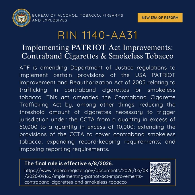 ATF is issuing a final rule to implement provisions of the USA PATRIOT Improvement and Reauthorization Act related to contraband cigarette and smokeless‑tobacco trafficking. Effective 6/8/2026.