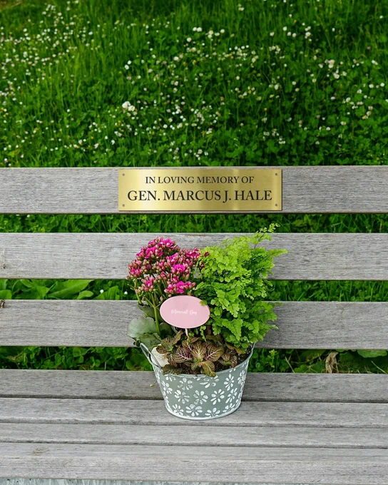 Custom Brass Plate Laser Fused With Memorial For General Mounted Onto Public Bench Via Holes And Screws Above Flowers