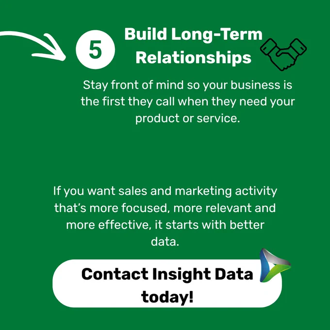Promotional graphic emphasizing the importance of building lasting business relationships. Encourages contacting Insight Data for effective sales and marketing.