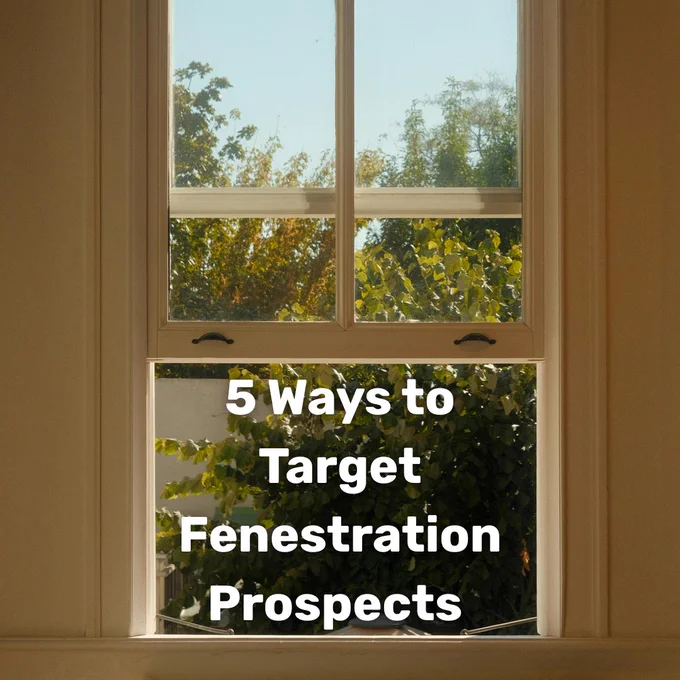A double-hung window overlooking greenery with text overlay about fenestration prospect targeting. Bright and informative.
