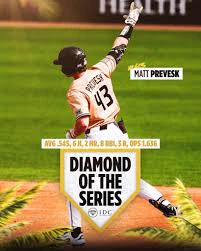 A baseball player celebrates winning 'Diamond of the Series' with impressive statistics mentioned. The mood is triumphant and celebratory.