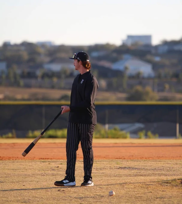 A baseball player stands on a field at dusk, holding a bat. The background shows an out-of-focus landscape, and the overall atmosphere is calm and reflective.
